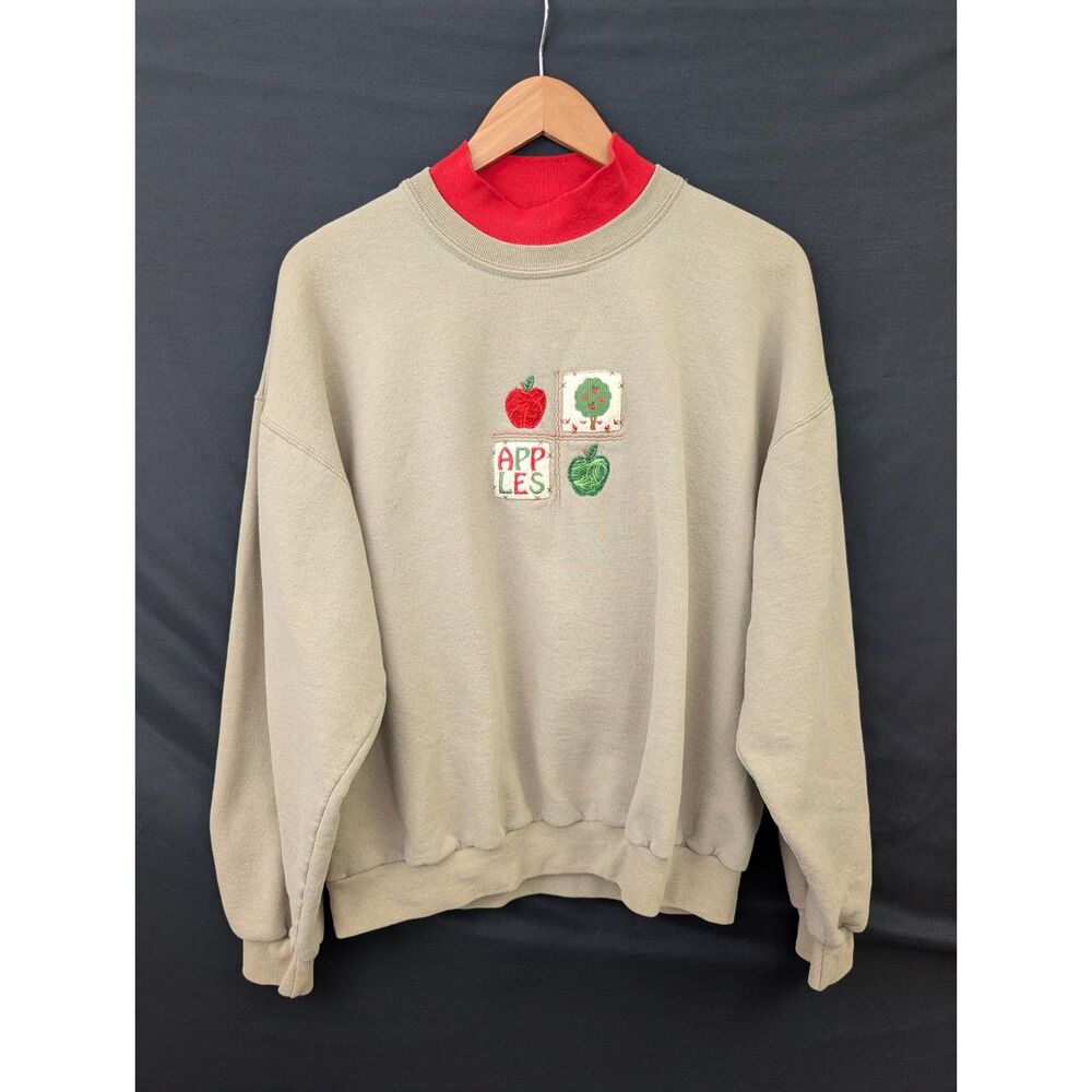 Cozy Fall Apple Patchwork Sweater Beige Mock Neck Double Collar (L)
